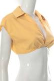 Yellow Fashion Solid Patchwork Turndown Collar Tops