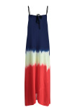 Blue Yellow Fashion Sexy Print Backless Spaghetti Strap Long Dress