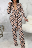 Khaki Fashion Plaid Patchwork Turndown Collar Boot Cut Jumpsuits