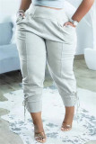 Grey Fashion Casual Solid Basic Regular High Waist Trousers