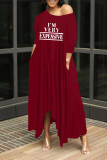 Rose Red Casual Print Patchwork Asymmetrical Oblique Collar Irregular Dress Dresses