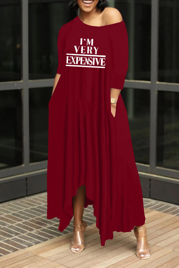 Burgundy Casual Print Patchwork Asymmetrical Oblique Collar Irregular Dress Dresses
