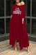 Burgundy Casual Print Patchwork Asymmetrical Oblique Collar Irregular Dress Dresses