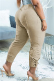 Grey Fashion Casual Solid Basic Regular High Waist Trousers