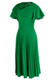 Green Elegant Solid Split Joint Fold Asymmetrical Collar A Line Dresses