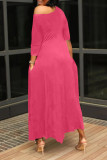Rose Red Casual Print Patchwork Asymmetrical Oblique Collar Irregular Dress Dresses