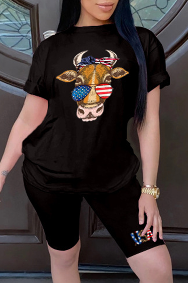 Black Fashion Print American Flag Patchwork O Neck Short Sleeve Two Pieces