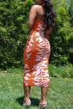 Orange Fashion Casual Print Basic Turndown Collar Sleeveless Dress