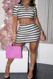Red Sexy Striped Print Patchwork Zipper Collar Short Sleeve Two Pieces