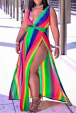 Colour Fashion Sexy Print Patchwork Slit V Neck Sleeveless Dress