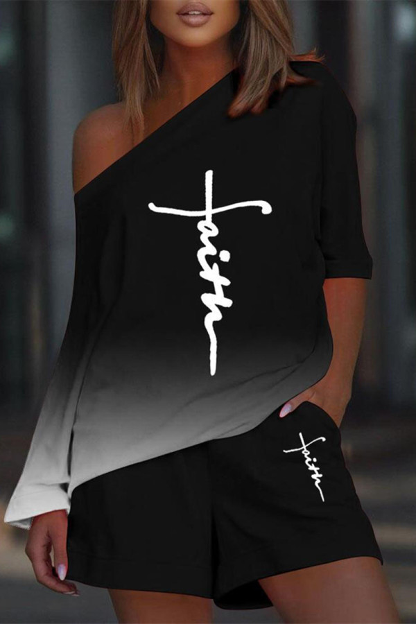 Black Fashion Casual Gradual Change Print Draw String Oblique Collar Long Sleeve Two Pieces