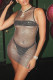 Black Silver Fashion Sexy Solid Hollowed Out See-through O Neck Sleeveless Dress