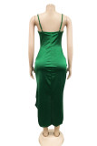 Green Fashion Sexy Solid Patchwork Backless Slit Spaghetti Strap Sleeveless Dress