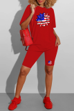 Red Casual Print American Flag Patchwork O Neck Short Sleeve Two Pieces