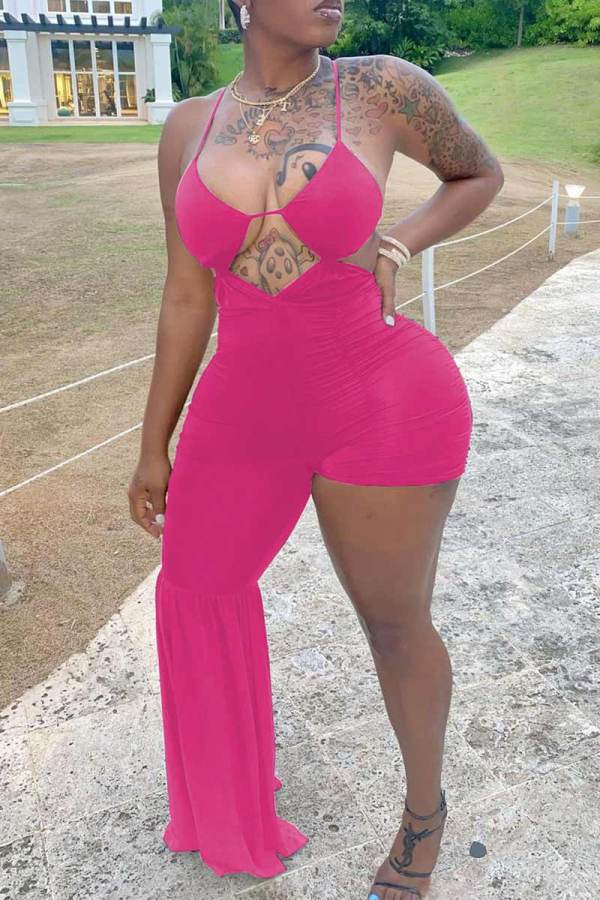 Rose Red Sexy Solid Hollowed Out Patchwork Asymmetrical Spaghetti Strap Straight Jumpsuits