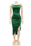 Green Fashion Sexy Solid Patchwork Backless Slit Spaghetti Strap Sleeveless Dress