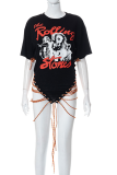 Black Fashion Print Bandage O Neck T-Shirts