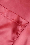Watermelon Red Casual Solid Patchwork Turndown Collar Loose Jumpsuits
