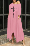 Pink Fashion Casual Print Basic Oblique Collar Irregular Dress