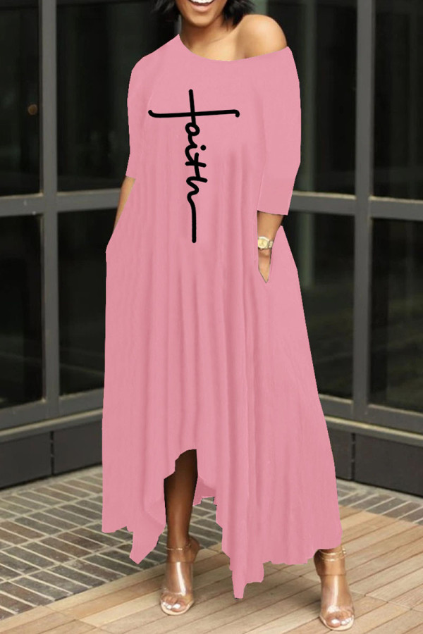Pink Fashion Casual Print Basic Oblique Collar Irregular Dress