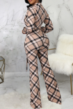 Khaki Fashion Plaid Patchwork Turndown Collar Boot Cut Jumpsuits