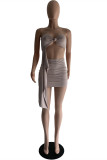 Light Gray Fashion Sexy Solid Patchwork Backless Strapless Two Pieces