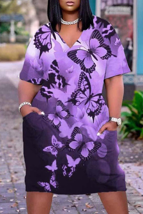 Purple Fashion Casual Print Basic V Neck Short Sleeve Dress