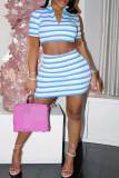 Red Sexy Striped Print Patchwork Zipper Collar Short Sleeve Two Pieces
