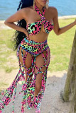 Colour Fashion Sexy Print Tassel Bandage Backless Swimwears (Without Paddings)