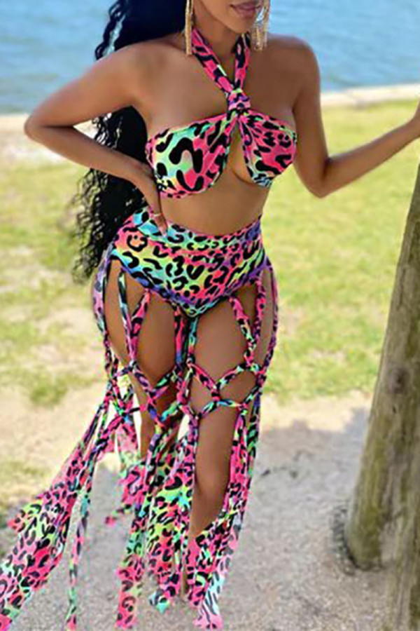 Colour Fashion Sexy Print Tassel Bandage Backless Swimwears (Without Paddings)