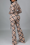 Khaki Fashion Plaid Patchwork Turndown Collar Boot Cut Jumpsuits