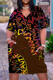 Red Fashion Casual Print Basic V Neck Short Sleeve Dress
