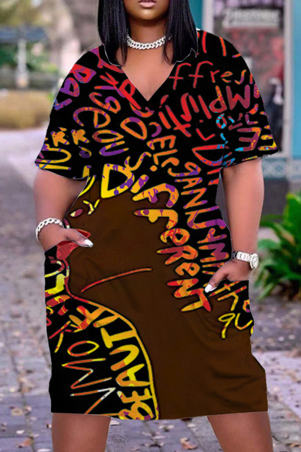 Brown Fashion Casual Print Basic V Neck Short Sleeve Dress