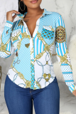 Black Fashion Print Patchwork Turndown Collar Tops