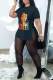 Black Sexy Print Patchwork O Neck Short Sleeve Two Pieces