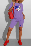 Red Casual Print American Flag Patchwork O Neck Short Sleeve Two Pieces
