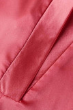 Watermelon Red Casual Solid Patchwork Turndown Collar Loose Jumpsuits