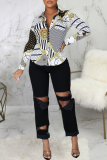 Black Fashion Print Patchwork Turndown Collar Tops