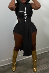 Black Fashion Print Slit Hooded Collar Sleeveless Two Pieces