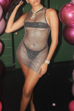 Black Silver Fashion Sexy Solid Hollowed Out See-through O Neck Sleeveless Dress
