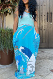 Blue Sexy Casual Print Backless Spaghetti Strap Long Dress Dresses
