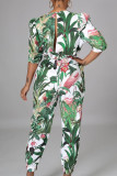 Green Fashion Casual Print Patchwork V Neck Regular Jumpsuits