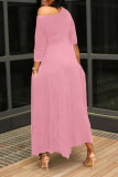 Rose Red Casual Print Patchwork Asymmetrical Oblique Collar Irregular Dress Dresses