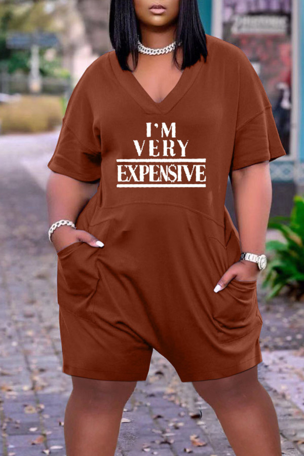 Coffee Casual Print Patchwork V Neck Straight Rompers