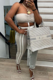 Grey Sexy Casual Solid Patchwork Backless Strapless Sleeveless Two Pieces