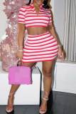 Red Sexy Striped Print Patchwork Zipper Collar Short Sleeve Two Pieces