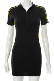Black Fashion Embroidery Patchwork Zipper Collar Pencil Skirt Dresses