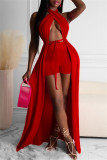 Rose Red Fashion Sexy Solid Backless Halter Sleeveless Two Pieces