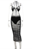 Black Sexy Solid Bandage Patchwork See-through Backless Halter Sling Dress Dresses