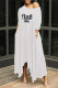 White Fashion Casual Letter Print Basic Oblique Collar Irregular Dress Dresses